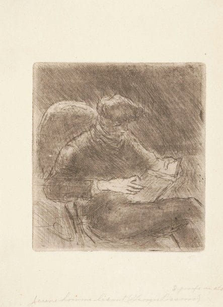 Camille Pissarro (1830-1903)
Jeune homme lisant (Georges Pissarro). 1889. Eau?forte et pointe sèche. 118 x 133. Delteil 81. Très belle épreuve sur vergé, ni timbrée ni numérotée, vraisemblablement du tirage posthume. Toutes marges. Rare. Tirage à 8 épreuves dont seulement 2 du vivant de l’artiste.