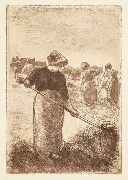 Camille Pissarro (1830-1903)
Faneuses. 1890. Eau-forte et pointe sèche. 134 x 197. Delteil 94. Belle épreuve tirée en brun bistré sur vergé crème. Courte déchirure au bord droit. Toutes marges. Ex-coll. H.-M. Petiet. 