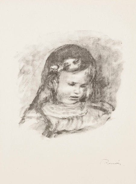 Pierre-Auguste Renoir (1841-1919)
Claude Renoir, la tête baissée. Vers 1904. Lithographie. 198 x 197. Delteil 39 ; Johnson 118-3. Parfaite épreuve sur vélin. Toutes marges non ébarbées. Joint : Ambroise Vollard. Vers 1904. Lithographie. 170 x 238. Delteil 37 ; Johnson 118-1. Très belle épreuve sur vélin. Léger empoussiérage aux bords du feuillet. Toutes marges non ébarbées. Ex-coll. H.-M. Petiet. Ens. 2 p. 