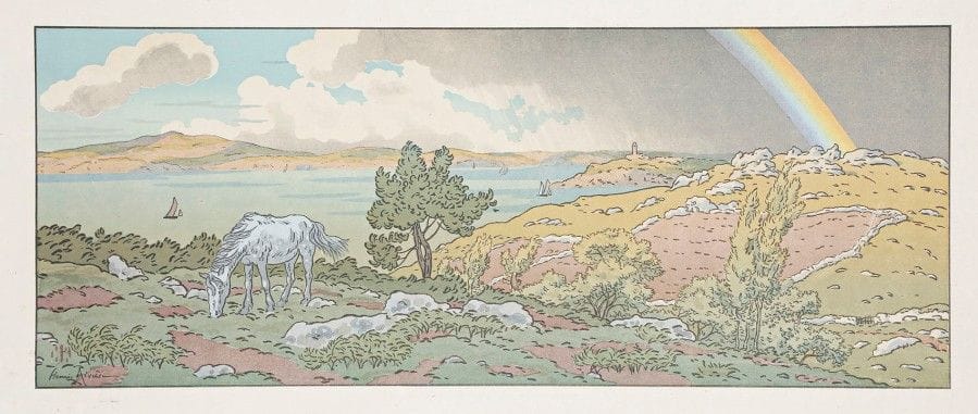Henri Rivière (1864-1951)
L’Arc-en-ciel (La Féerie des heures, pl. 3). 1901. Lithographie. 595 x 240. Impression en couleurs. Très belle épreuve, l’une des rares tirées sur chine volant, ni signée ni numérotée, d’une exceptionnelle fraîcheur. Toutes marges.