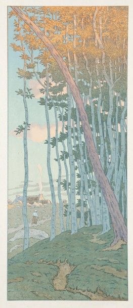 Henri Rivière (1864-1951)
Les Derniers rayons (La Féerie des heures, pl. 16). 1902. Lithographie. 237 x 595. Impression en couleurs. Très belle épreuve, l’une des rares tirées sur chine volant, ni signée ni numérotée, d’une exceptionnelle fraîcheur. Infime déchirure en tête. Petite auréole claire d’humidité dans l’angle inférieur droit. Toutes marges. 