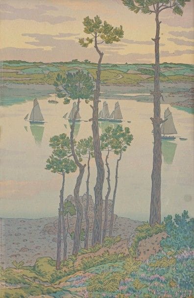 Henri Rivière (1864-1951)
Les Bords du Trieux au crépuscule (Le Beau Pays de Bretagne, pl. 6). 1903. Lithographie. À vue : 225 x 345. Impression en couleurs. Belle épreuve sur vélin, sans marges apparentes. Cadre. 