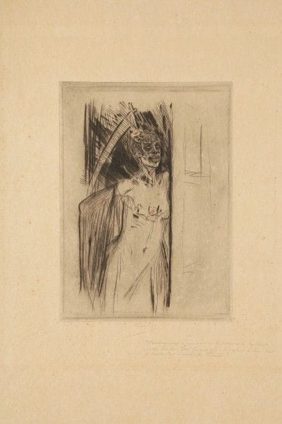 Félicien Rops (1833-1898)
Mors syphilitica. 1905. Pointe sèche. 160 x 220. Exsteens 353. Belle épreuve sur japon, signée et accompagnée de 3 lignes de texte manuscrit par l’artiste. Rousseurs claires éparses. Annotations (sacrilèges) d’encadreur au stylo-bille en tête et en pied du feuillet. Petites traces de colle dans les angles au verso. Toutes marges. Ex-coll. Ch. Mendiot (Lugt 601).