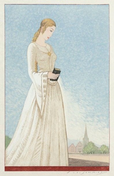 François-Louis Schmied (1873-1941) (d’après)
Faust ; Marguerite. Pl. pour le Faust de Goethe (trad. G. de Nerval), Ch. Henchoz éd., 1938. Gravure sur bois par Théo Schmied. Chaque 148 x 228. Impression en couleurs. Très belles et fraîches épreuves sur japon nacré, signées à la plume et à l’encre par F.-L. Schmied. Marges. Cadres. Ens. 2 p.
Nous remercions M. Alain Schmied pour nous avoir apporté son aimable concours dans l’identification de ces sujets. 