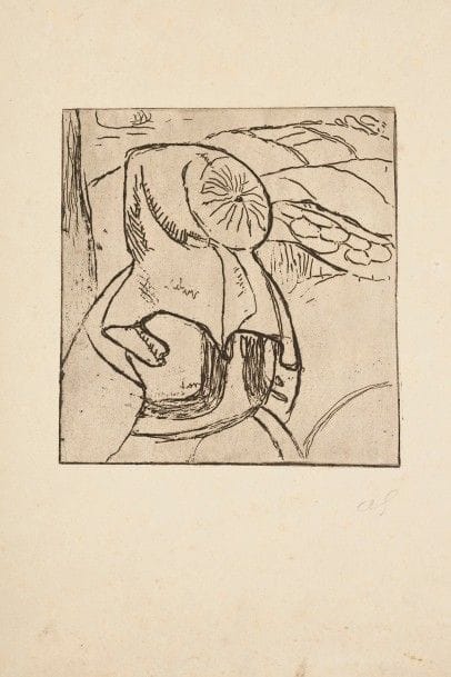 Armand Seguin (1869-1903)
Bretonne en coiffe de travail. 1893-1894. Eau-forte. 151 x 165. Field 48. Très belle épreuve sur vergé ivoire, signée du monogramme au crayon puis timbrée dans l’angle inférieur droit à l’encre vert pâle. Menues salissures, infimes rousseurs et traces de plis. Toutes marges. Rare. 