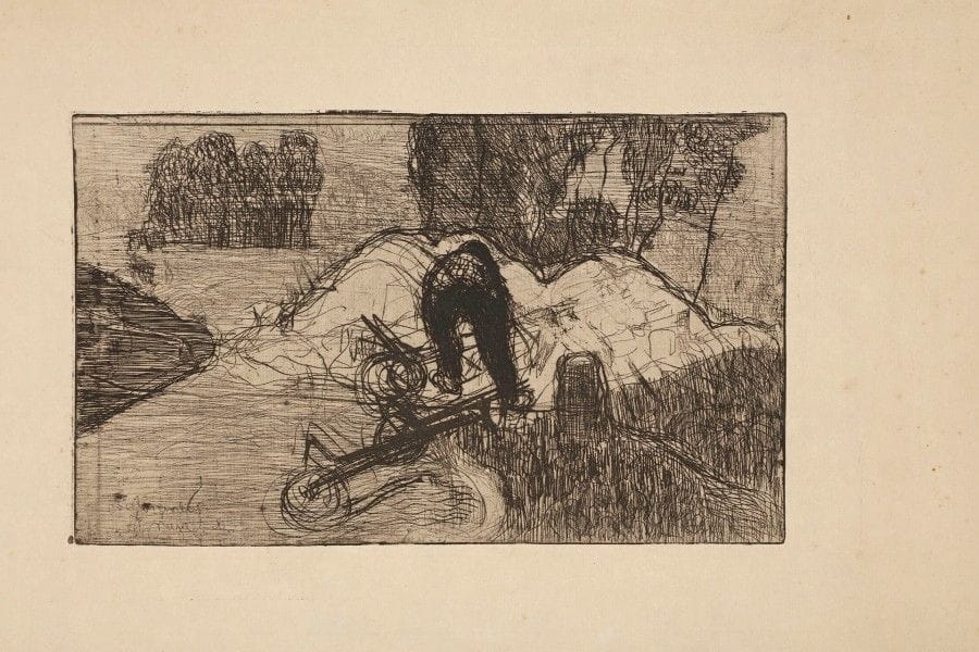 Armand Seguin (1869-1903)
Le Débardeur (Valmondois). 1893. Eau-forte. 277 x 162. Field 16. Très belle épreuve sur vergé mince ivoire filigrané « mbm ». Petites salissures, rousseurs et traces de plis. Amincissure oblique en pied, inhérente à la fabrication du papier. Annotation au crayon en pied : « Cantonnier à Valmondois ». Anciennes annotations (d’encadreur ?) au crayon au verso. Toutes marges. Rare. (Ce sujet ne figure pas dans les retirages de Malingue).