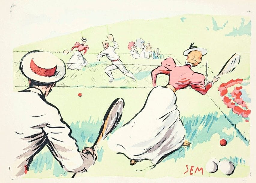 Sem (Georges Goursat, dit) (1863-1934) (d’après)
Partie de tennis. Procédé photomécanique. 435 x 310. Impression en couleurs. Très belle et fraîche épreuve sur vélin glacé. Plis vertical et horizontal médians (partiellement fendus aux bords). Toutes marges. 