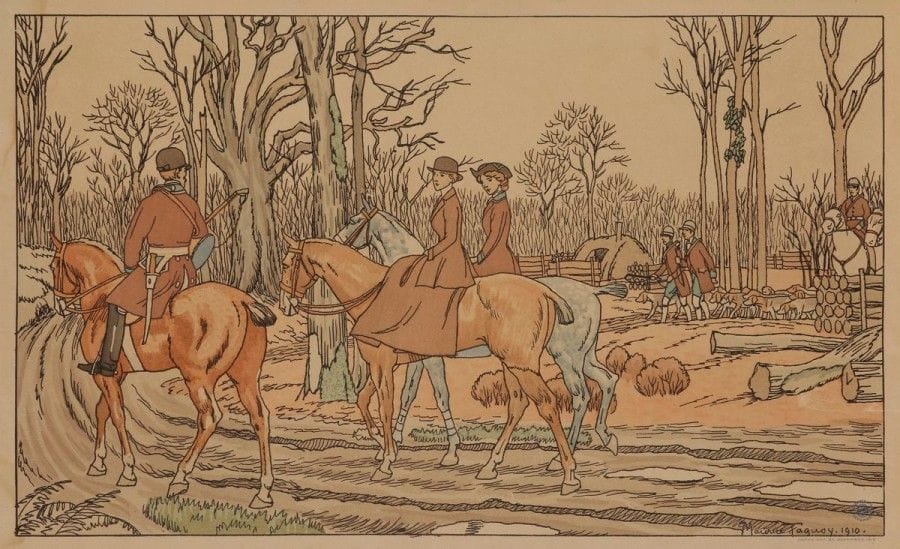 Maurice Taquoy (1878-1952) (d’après)
Départ pour la chasse. 1910. Procédé photomécanique (éd. Devambez). 452 x 270. Impression en couleurs. Belle épreuve sur vélin, légèrement oxydée. Infime manque en tête. Petites marges. 