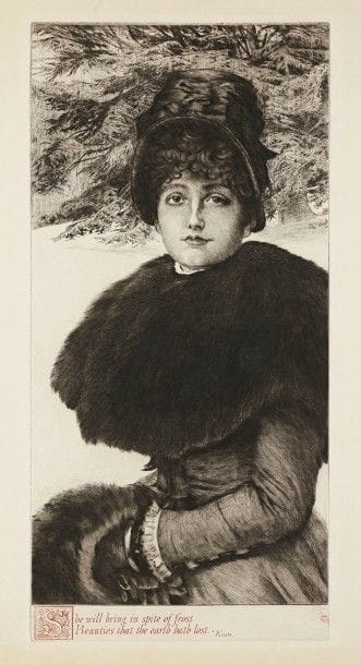 James-J.-J. Tissot (1836-1902)
Promenade dans la neige. 1880. Eau-forte et pointe sèche. 265 x 565. Wentworth 48. Superbe épreuve sur vergé, du 2e état (sur 3), avec la lettre tirée en rouge, timbrée (Lugt 1545). Légère oxydation du feuillet. Infimes traces de plis en pied. Toutes marges. 