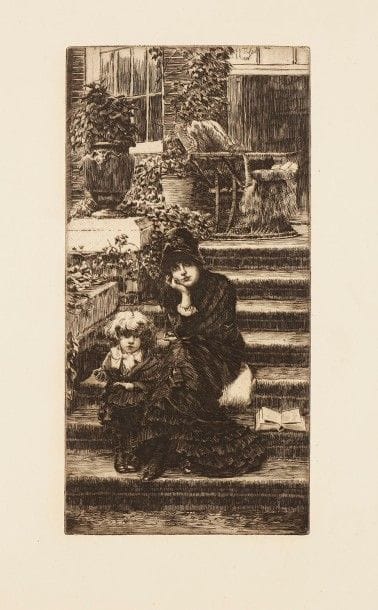 James-J.-J. Tissot (1836-1902)
Rêverie. 1880. Eau-forte et pointe sèche. 112 x 225. Wentworth 52. Très belle épreuve sur vergé crème. Légère oxydation aux bords du feuillet. Toutes marges.