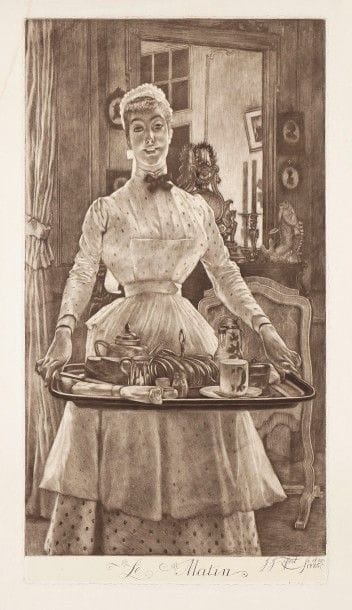 James-J.-J. Tissot (1836-1902)
Le Matin. 1886. Manière noire. 261 x 489. Wentworth 82. Belle épreuve sur bulle appliqué sur vélin fort. Léger empoussiérage. Large auréole claire d’humidité dans l’angle supérieur gauche et salissures au verso. Petites marges. Ex-coll. H.-M. Petiet. 