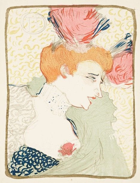 Henri de Toulouse-Lautrec (1864-1901)
Mademoiselle Marcelle Lender en buste. 1895. Lithographie. 240 x 325 [280 x 360]. Delteil 102 ; Wittrock 99. Impression en couleurs. Très belle épreuve sur vélin ivoire, du tirage effectué pour l’édition française de la revue Pan. Quelques fins plis cassés aux bords du feuillet. Minuscule enfoncement circulaire au verso, visible dans le monogramme en tête. Une petite rousseur en pied. Toutes marges.