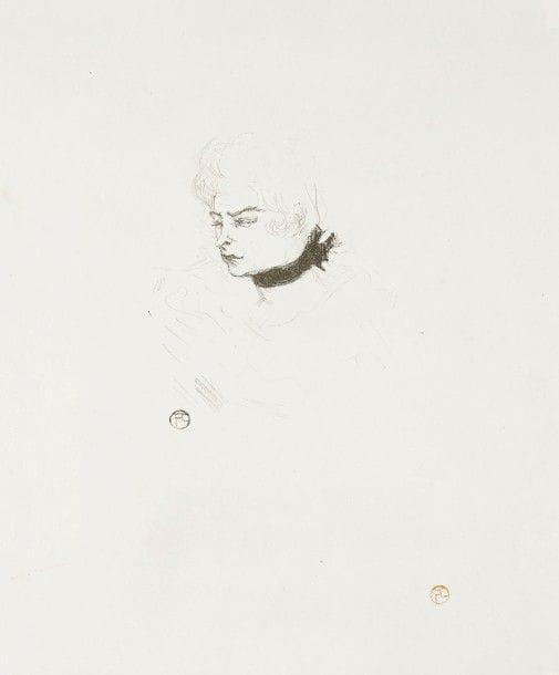 Henri de Toulouse-Lautrec (1864-1901)
Mademoiselle Pois Vert. 1895. Lithographie. 195 x 195. Delteil 126 ; Wittrock 122. Impression en vert olive. Belle épreuve sur vélin mince, soigneusement lavée, revêtue du timbre rouge de l’artiste (Lugt 1338). Marge inférieure rempliée. Petit arrachement dans l’angle supérieur droit et au bord inférieur droit. Rare. Tirage à 25 épreuves. Marges légèrement réduites (avec timbre sec de l’éditeur Kleinmann, Lugt 1573, légèrement tronqué dans l’angle inférieur gauche). 