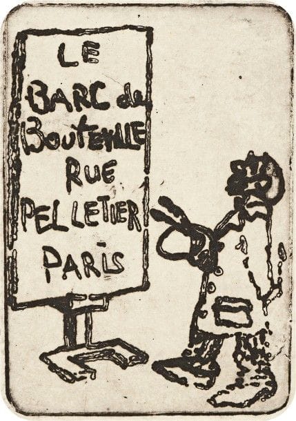 Henri de Toulouse-Lautrec (1864-1901)
Vignettes pour la « Revue blanche ». Gillotage d’après des dessins de l’artiste. Vraisemblablement épreuves d’essai, une tirée en réserve du trait sur fond de sanguine. Joint : carte pour Le Barc de Boutteville (Lautrec à la palette et au chevalet). Eau-forte anonyme. 70 x 100. Épreuves collées sur un feuillet de vélin. 