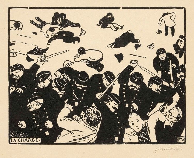 Félix Vallotton (1865-1925)
La Charge. 1893. Bois gravé. 258 x 200. Vallotton et Goerg 128. Bonne épreuve sur vélin beige, signée au crayon, finement doublée sur japon mince. Plusieurs déchirures consolidées, dont une de 60 mm pénétrant légèrement dans le sujet à gauche. Bonnes marges. 
