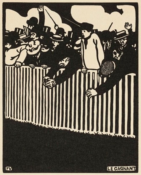 Félix Vallotton (1865-1925)
Le Gagnant. 1898. Bois gravé. 178 x 224. Vallotton et Goerg 201 ; Johnson 146. Très belle et fraîche épreuve sur japon, non signée comme à l’ordinaire. Une rousseur au bord gauche. Fins plis cassés à peine perceptibles au bord gauche. Toutes marges non ébarbées. A. Vollard éditeur.
