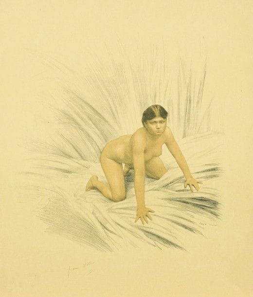 Jean Veber (1864-1928)
Rana. 1896. Lithographie. 315 x 465. Veber et Lacroix 7. Impression en couleurs. Superbe et fraîche épreuve sur vélin glacé jaune paille, signée et numérotée au crayon. Toutes marges. Timbre sec : Cercle de la Librairie (Lugt 438).