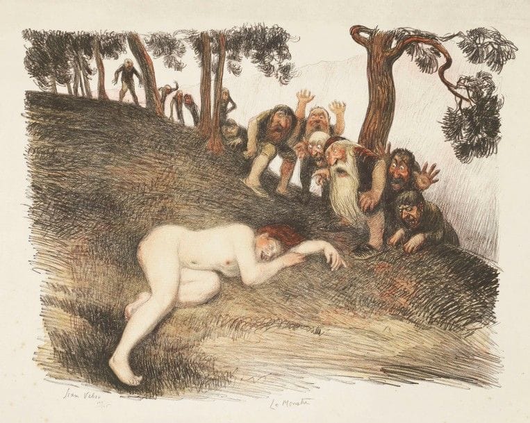 Jean Veber (1864-1928)
Le Monstre.1907. Lithographie. 380 x 293. Veber et Lacroix 51. Impression en couleurs. Belle épreuve sur japon, signée, numérotée et titrée au crayon. Rousseurs éparses. Frottements, plis et empoussiérage aux bords du feuillet. Petite étiquette adhésive au verso. Toutes marges. Tirage à 125 épreuves.