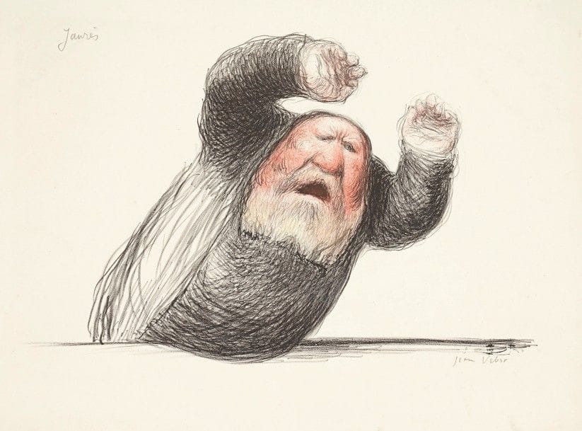 Jean Veber (1864-1928)
Jaurès à la tribune. 1904. Lithographie. 350 x 225. Veber et Lacroix 116. Impression en deux tons. Très belle épreuve sur vélin, titrée dans l’angle supérieur gauche au crayon et signée. Courte déchirure en pied. Toutes marges. 