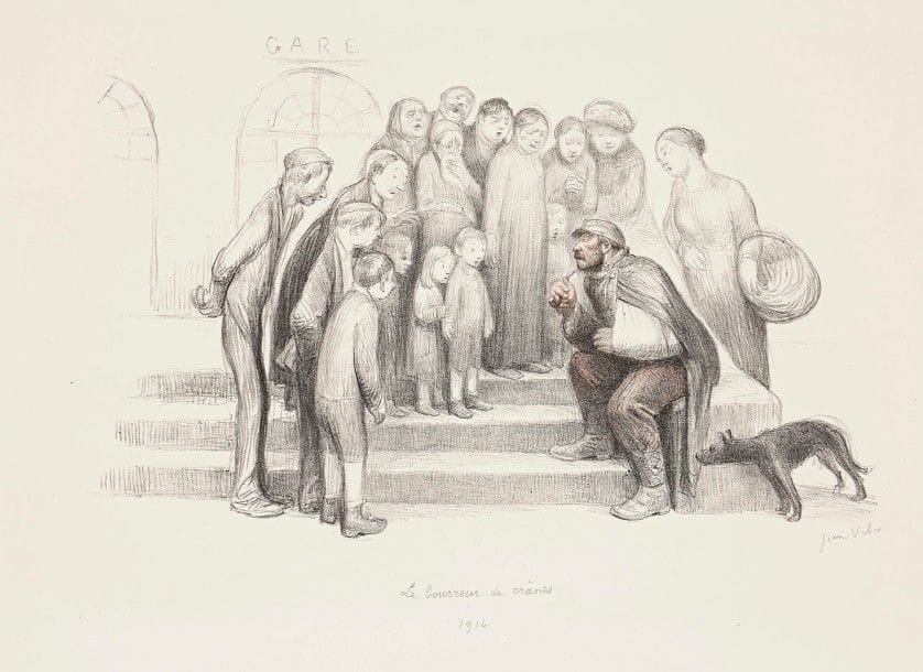 Jean Veber (1864-1928)
Ah ! J’en ai vu…, ou Le Bourreur de crânes. 1914. Lithographie. 310 x 195. Veber et Lacroix 192. Très belle et fraîche épreuve sur vélin, rehaussée à la sanguine, signée puis titrée et datée au crayon. Deux courtes déchirures en pied. Toutes marges. Tirage à 100 épreuves. 