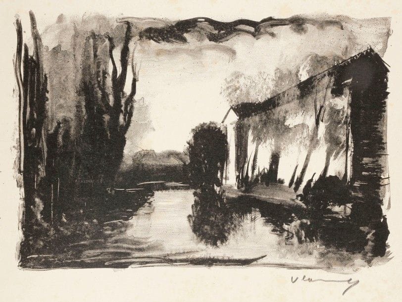 Maurice de Vlaminck (1876-1958)
Crépuscule ; Nelle-la-Vallée, la route. 1925-1926. Lithographie. 325 x 230 et 267 x 182. Walterskirchen 178 a  et 184 a ; Verney et Lemaresquier 142 b et 148 a. Très belles épreuves sur japon, du 1er état (sur 2), avant la signature dans la pierre, signées au crayon. Rousseurs claires éparses. Toutes marges non ébarbées. Ex?coll. H.-M. Petiet. Ens. 2 p.
