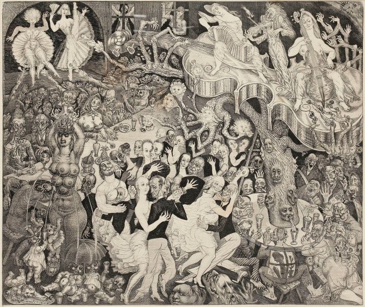 Eduard Wiiralt (estonien, 1898-1954)
Cabaret. 1931. Eau-forte. 450 x 385. Très belle épreuve sur vélin chamois, d’un tirage postérieur. Toutes marges. Cadre.