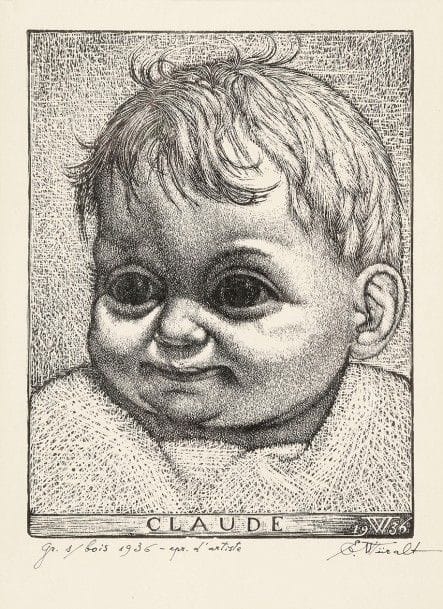 Eduard Wiiralt (estonien, 1898-1954)
Claude. 1936. Gravure sur bois. 120 x 162. Très belle épreuve sur vélin, annotée, datée et signée au crayon. Toutes marges. Cadre. 