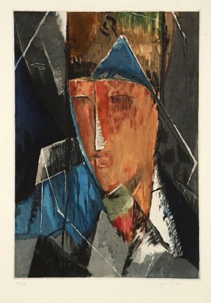 Jean-Joseph Crotti (suisse, 1878-1958) (d’après)
Portrait d’homme. 1928. Gravé par J. Villon. 325 x 462. Ginestet et Pouillon 658. Impression en couleurs. Très belle et fraîche épreuve sur vélin, numérotée et signée par Crotti au crayon. Quelques rousseurs claires. Toutes marges. Tirage à 200 épreuves. Bernheim-Jeune éd. 