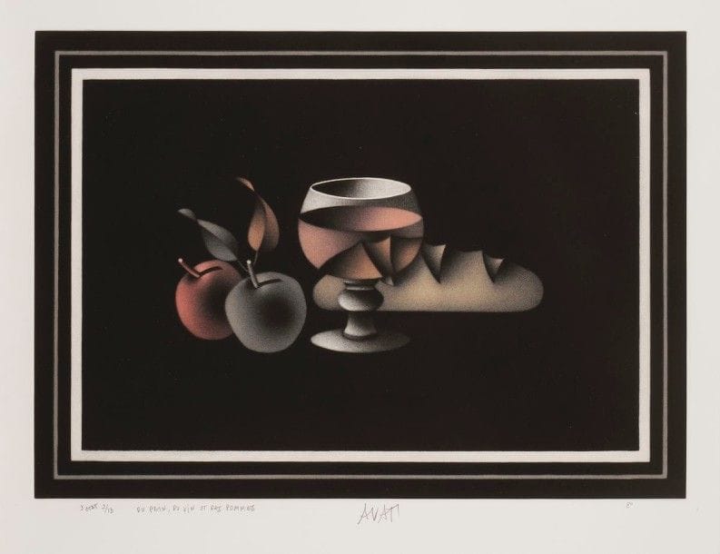 Mario Avati (1921-2009)
Du pain, du vin et des pommes. 1980. Manière noire. 400 x 285. Passeron 588. Impression en couleurs. Parfaite épreuve sur vélin blanc, annotée au crayon « 3e état 2/13 », titrée, signée et datée. Toutes marges. 