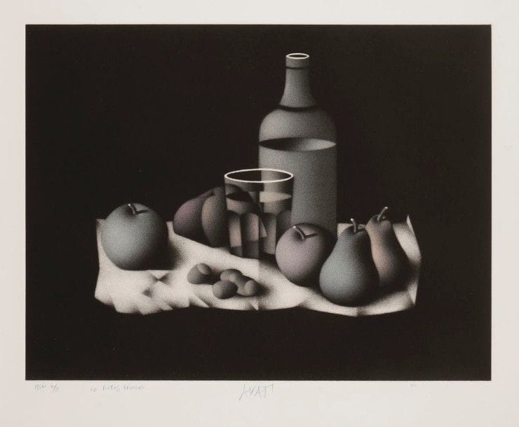 Mario Avati (1921-2009)
Le Repas frugal. 1982. Manière noire. 375 x 288. Passeron 613. Impression en couleurs. Parfaite épreuve sur vélin blanc, annotée au crayon bleu « Essai 4/11 », titrée, signée et datée. Toutes marges. 