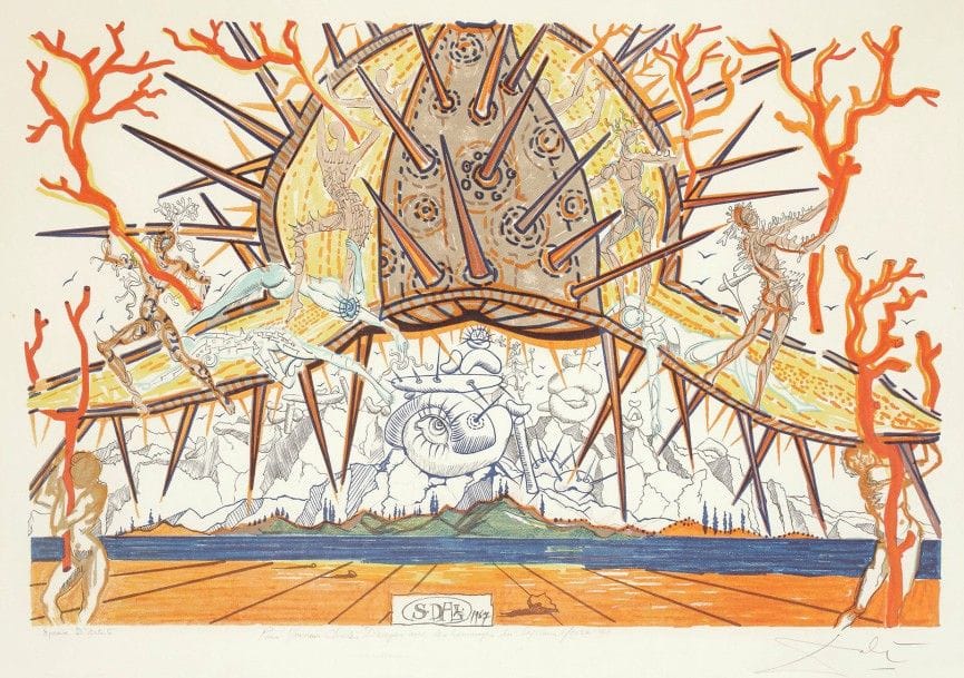 Salvador Dalí (1904-1989)
L’Oursin ou Casino de Beyrouth. 1967. Lithographie. 558 x 375. Michler et Löpsinger 1174. Impression en couleurs. Très belle épreuve sur vélin, annotée au crayon « épreuve d’artiste », dédicacée « pour Monsieur Charles Draeger avec les hommages du capitaine Moore » et revêtue d’une signature (vraisemblablement de la main de ce dernier), fixée par du papier gommé sur tout le pourtour sous passe-partout. Toutes marges.