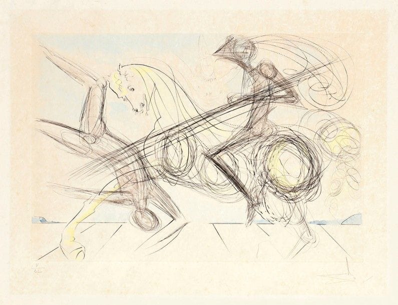 Salvador Dalí (1904-1989)
Le Grand tournoi. 1973. Pointe sèche et coloris au pochoir. 600 x 410. Michler et Löpsinger 587. Très belle épreuve sur japon nacré, numérotée en chiffres romains et revêtue d’une signature au crayon. Légères rousseurs éparses. Trace d’oxydation à l’ouverture du passe-partout. Toutes marges. Vision Nouvelle éd.