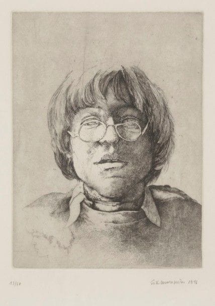 Érik Desmazières (né en 1948)
Portrait aux lunettes. 1976. Eau-forte. 180 x 240. Fitch 22. Parfaite épreuve sur vélin, numérotée, signée et datée au crayon. Toutes marges. Tirage à 60 épreuves. Éd. de la galerie Bernier. Cadre. 