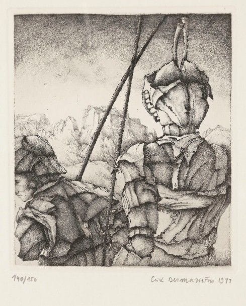 Érik Desmazières (né en 1948)
Deux soldats. 1977. Eau-forte. 116 x 137. Fitch 26. Parfaite épreuve sur vélin, numérotée, signée et datée au crayon. Toutes marges. Tirage à 150 épreuves. Éd. de la galerie Bernier. Cadre. 