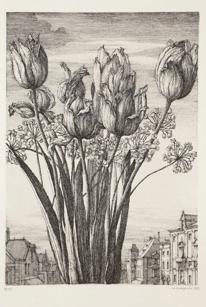 Érik Desmazières (né en 1948)
Les Tulipes. 1983. Eau-forte. 206 x 296. Fitch 74. Parfaite épreuve sur vélin, numérotée, signée et au crayon. Toutes marges. Tirage à 150 épreuves pour la Société des Peintres-Graveurs Français (timbre sec : Lugt 1195a).