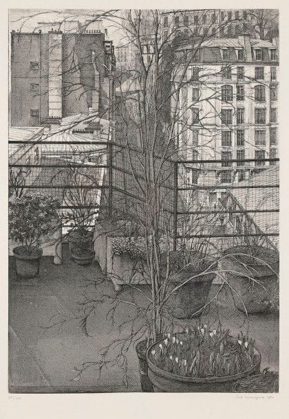 Érik Desmazières (né en 1948)
La Rue Charles Nodier. 1990. Eau-forte, aquatinte et roulette. 345 x 495. Fitch 123. Parfaite épreuve sur vélin blanc, numérotée, signée et datée au crayon. Toutes marges. Tirage à 100 épreuves. Cadre. 