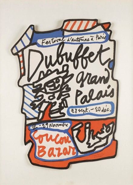 Jean Dubuffet (1901-1985) 
Festival d’Automne à Paris, Dubuffet Grand Palais (…) Coucou Bazar. Affiche. 1973. Lithographie (sujet détouré). [525 x 680]. Impression en couleurs. Très belle et fraîche épreuve sur vélin blanc, numérotée au stylo-bille, dédicacée « à René Barzilay » et signée. Tirage à 100 épreuves. Cadre.                                                        