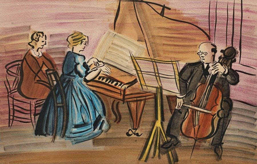 Raoul Dufy (1877-1953) (d’après)
Pianiste et violoncelliste. Pl. pour J. Witold, Concert des Anges, Paris, P. de Tartas éd., 1963. Lithographie. À vue : 540 x 350. Impression en couleurs. Pas de marges apparentes. Timbre sec de l’éditeur. Cadre.