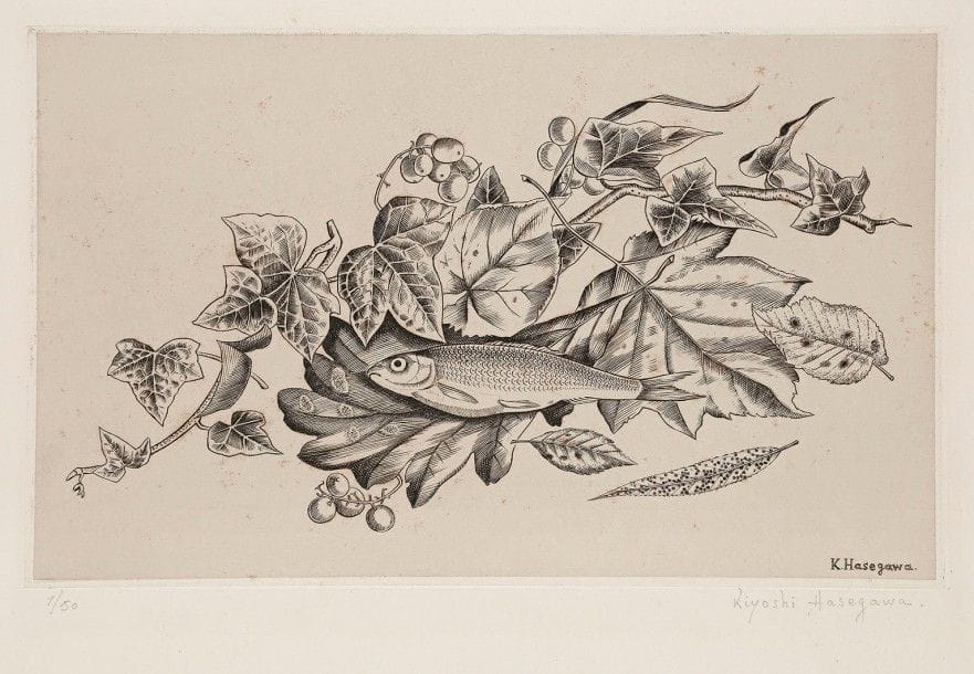 Kiyoshi Hasegawa (1891-1980)
Petit poisson sur des feuilles (gardon). 1950. Burin. 292 x 180. Reifu-Syobo 283. Très belle épreuve sur vélin, numérotée et signée au crayon. Petites traces de plis et une courte déchirure aux bords du feuillet. Rousseurs claires essentiellement visibles au verso. Toutes marges. Tirage à 50 épreuves. 