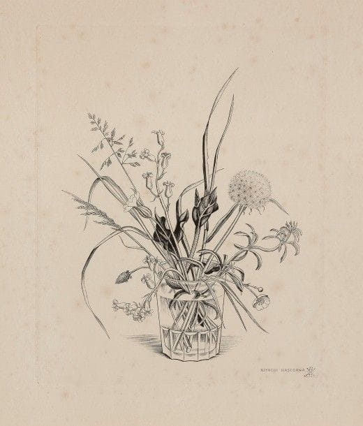 Kiyoshi Hasegawa (1891-1980)
Fleurs des champs dans un verre (printemps). 1951. Burin. 232 x 288. Reifu-Syobo 288. Bonne épreuve sur vélin, du tirage effectué pour la Chalcographie du Louvre (avec son timbre sec), collée sur carton. Rousseurs claires et trace d’oxydation. Belles marges.