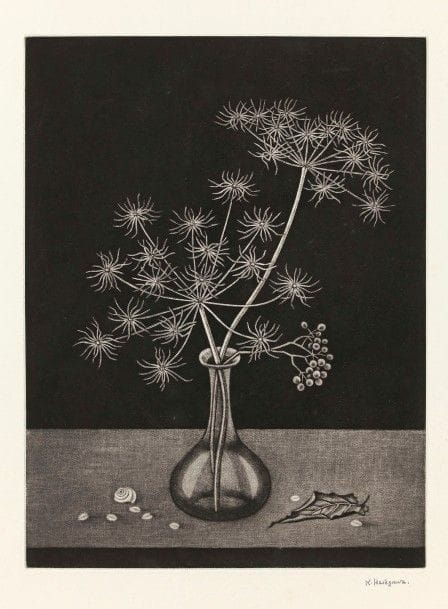 Kiyoshi Hasegawa (1891-1980)
Nature morte à la plante d’automne. 1959. Manière noire. 255 x 355. Reifu-Syobo 308. Très belle épreuve sur vélin, revêtue du timbre de l’atelier. Deux courts plis cassés dans les angles gauches. Toutes marges. 
Un certificat des ayants-droit de l’artiste sera fourni sur demande à l’acquéreur.