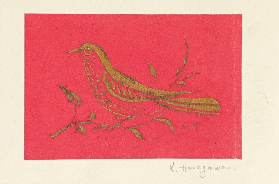 Kiyoshi Hasegawa (1891-1980)
Oiseau sur une branche. Vers 1960. Dessin à l’encre bronze doré sur papier exotique rouge appliqué sur vélin, 136 x 90, signé au crayon. 