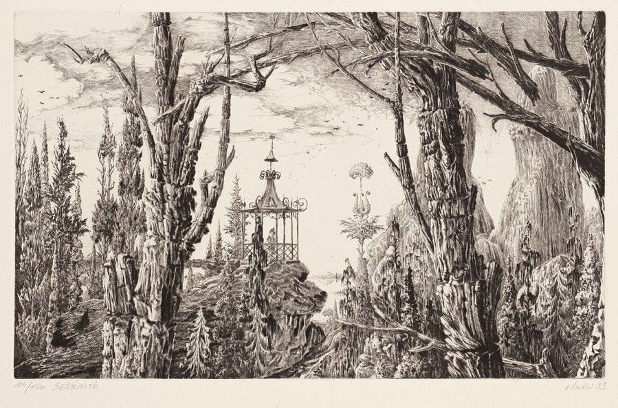 François Houtin (né en 1950)
Sérénité. 1993. Eau-forte et pointe sèche. 345 x 213. Parfaite épreuve sur vélin blanc, numérotée, titrée, signée et datée au crayon. Toutes marges. Tirage à 150 épreuves. Timbre sec : Société des Peintres-Graveurs Français (Lugt 1195a). 