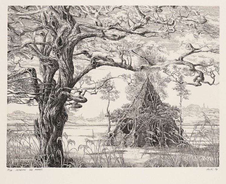 François Houtin (né en 1950)
Demeure des marais. 2004. Eau-forte. 393 x 296. Parfaite épreuve sur vélin blanc, numérotée, titrée, signée et datée au crayon. Toutes marges. Tirage à 50 épreuves. 
