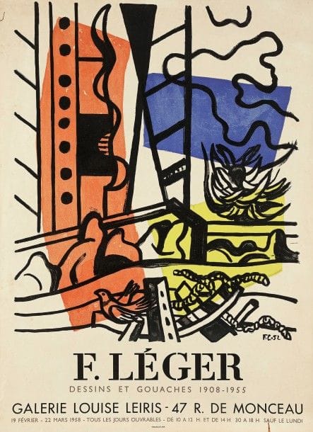 Fernand Léger (1881-1955) (d’après)
F. Léger dessins et gouaches 1908-1955. Affiche pour la galerie Louise Leiris. 1958. Lithographie par Mourlot. [480 x 655]. Impression en couleurs. Très belle épreuve sur vélin. Deux traces de trombones oxydées aux bords du feuillet. Toutes marges. 