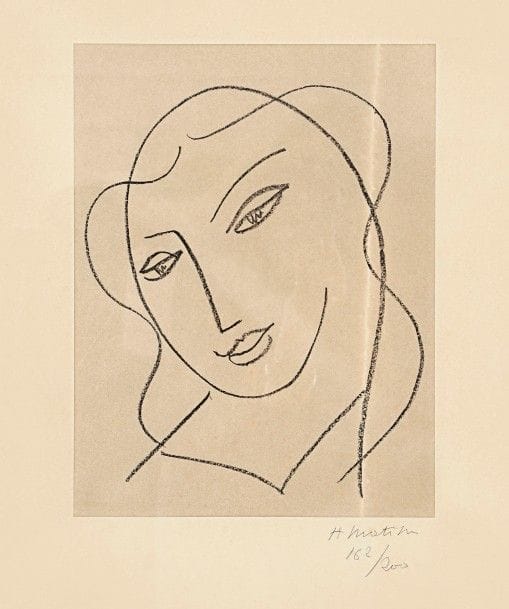 Henri Matisse (1869-1954)
Étude pour la Vierge « Tête voilée ». Vers 1950. Lithographie. 235 x 280. Duthuit-Garnaud 640. Bonne épreuve sur chine appliqué (ce dernier très oxydé), signée et numérotée au crayon sur le support (lui-même oxydé). Quelques rousseurs claires. Marges. Tirage à 200 épreuves. Cadre. 