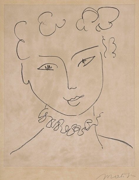 Henri Matisse (1869-1954)
La Pompadour. 1951. Lithographie. 300 x 345. Duthuit-Garnaud 665. Belle épreuve sur chine appliqué, ce dernier fortement oxydé, signée au crayon, collée sur carton et sous passe-partout, le support oxydé. Bonne marges apparentes. 
