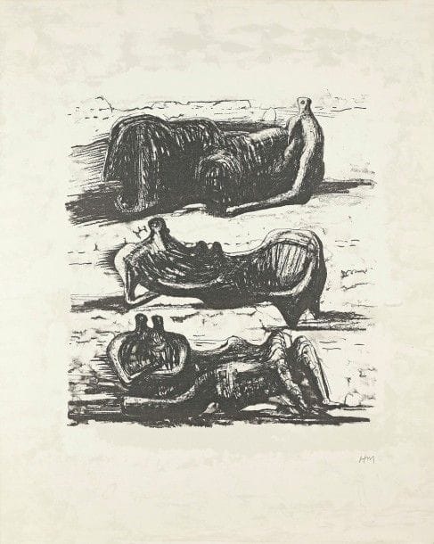 Henry Moore (1898-1986)
La Poésie – Les Poètes. Bâle, Art et Poésie, 1976. Un album in-fol., en feuilles, sous chemise et étui illustrés de l’édition, contenant 12 lithographies et zincographies (dont une en couverture de la chemise rempliée et deux bandeaux lithographiés servant de titres), chacune précédée d’un feuillet typographié avec des vers de poètes. Cramer 312 à 325. Impression en couleurs. Très belles épreuves, 9 monogrammées au crayon. Exemplaire très frais, l’un des 110 sur vélin, numéroté et nominatif, signé par l’artiste. Cartonnage illustré en lithographie. 