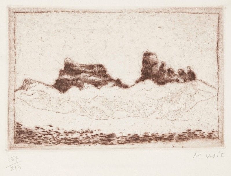 Zoran Music (1909-2005)
Paysage (carte de vœux pour l’atelier Lacourière). 1977. Pointe sèche. 
145 x 95. Schmücking 170. Impression en brun. Très belle épreuve sur vélin blanc, numérotée et signée au crayon. Toutes marges. Tirage à 275 épreuves. Cadre. 