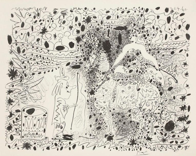 Pablo Picasso (1881-1973)
L’Écuyère. 1960. Autographie. 640 x 500. Mourlot 333 ; Bloch 999 ; Güse-Rau 699. Très belle et fraîche épreuve sur vélin, du tirage à nombre pour le journal Le Patriote (Nice), avec la signature lithographiée. Toutes marges.